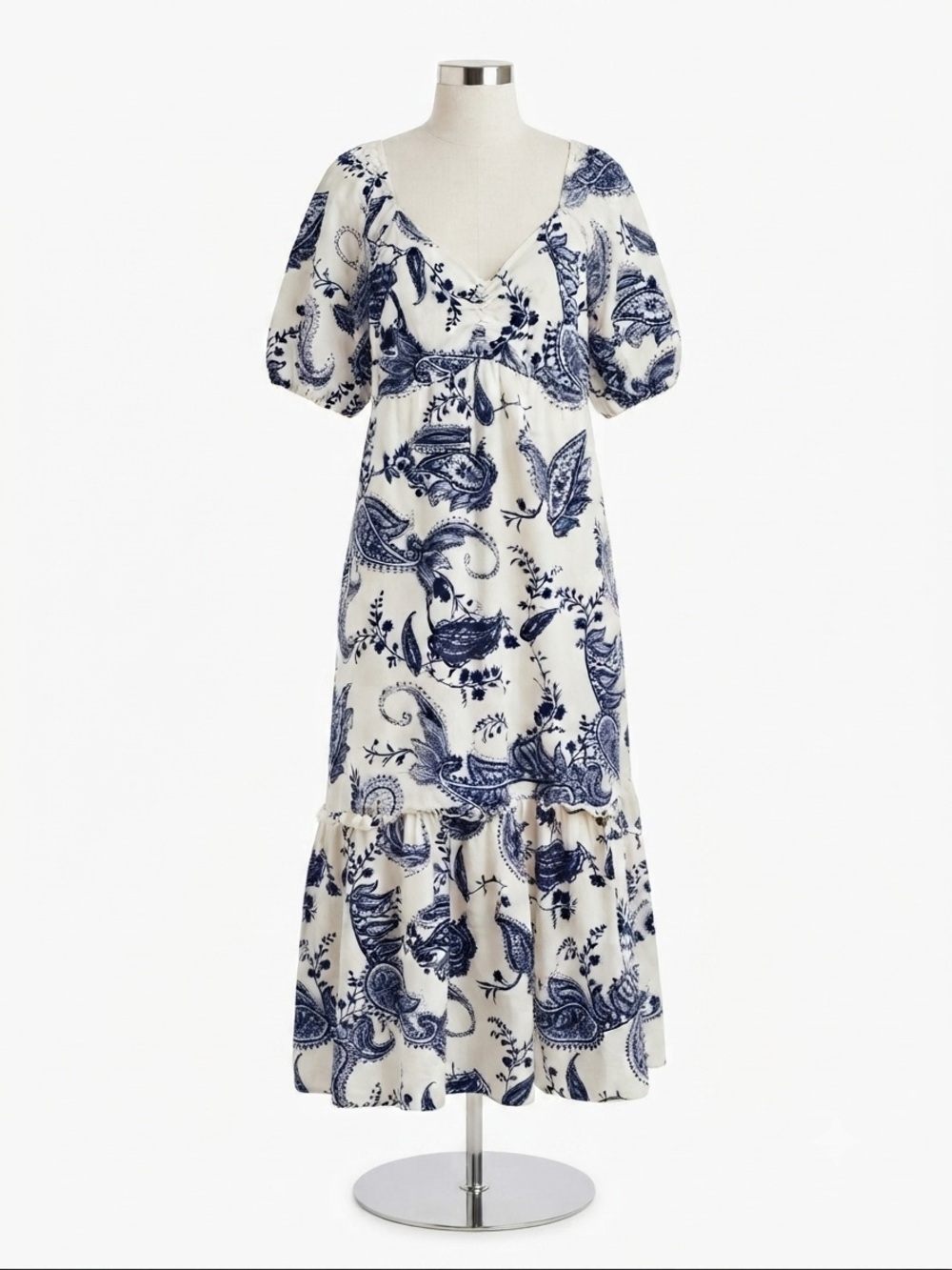 Mexx Paisley Maxi Dress XL Navy White Puff Sleeve Tiered Smocked Cotton Pockets